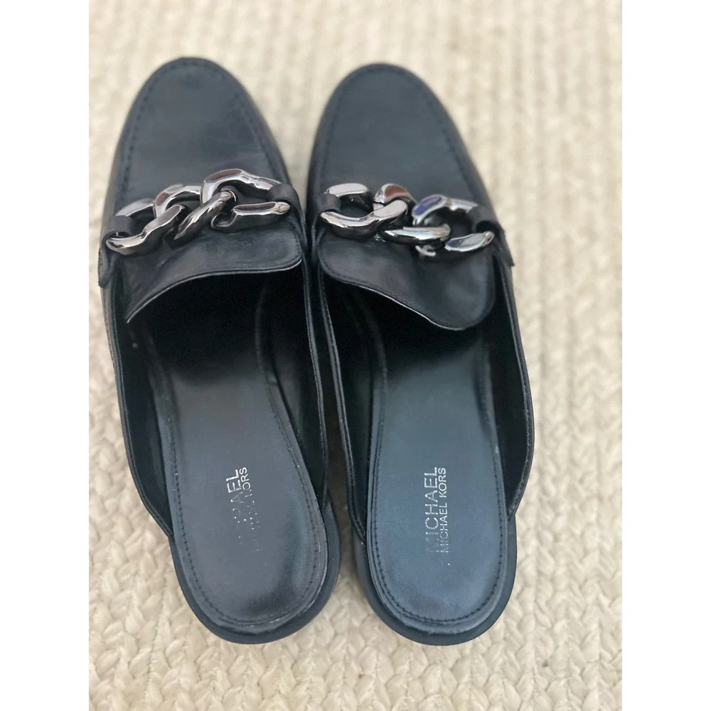 Michael Kors Black Leather Chain Link Mule Loafers SZ 9.5M